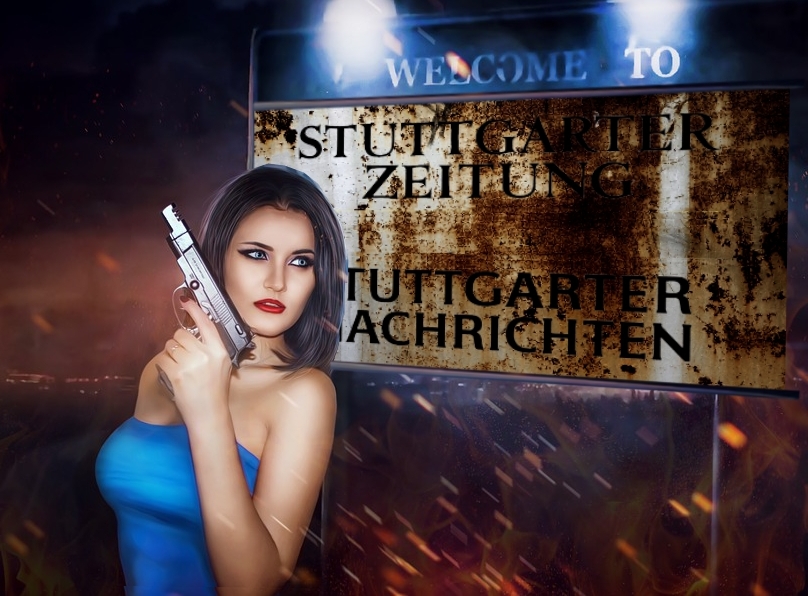Frau mit Pistole vor einem Schild: Welcome to Stuttgarter Zeitung Stuttgarter Nachrichten.